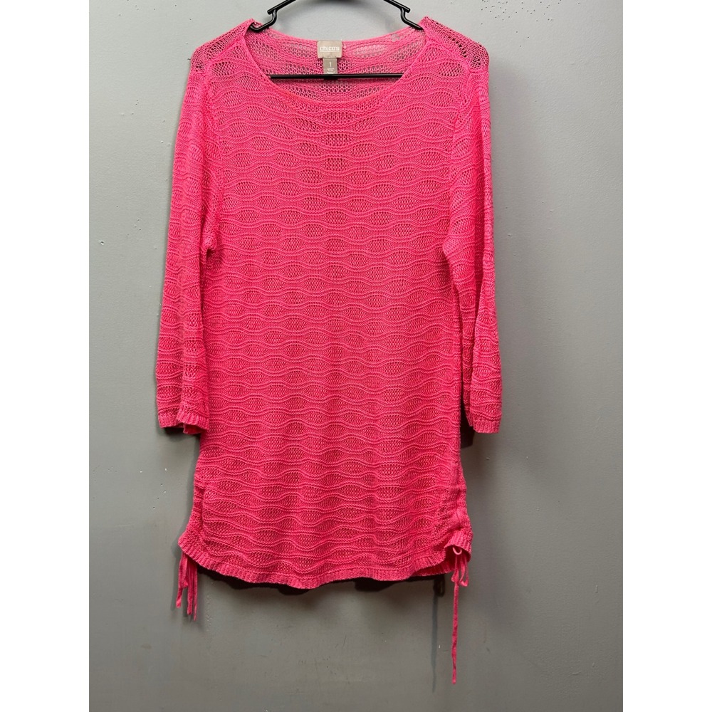 Chicos Open Knit Top Crochet 3/4 Sleeve Tunic‎ Sweater Womens Small Pink